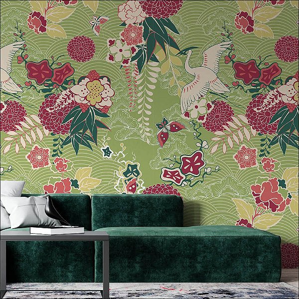 Papel de Parede Floral e Garças