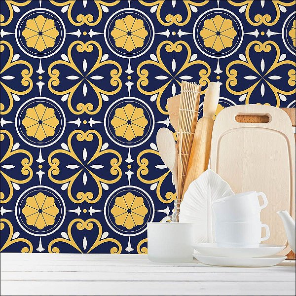 Papel de Parede Azulejo Azul e Amarelo