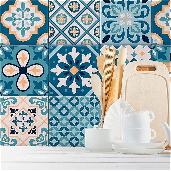 Papel de Parede Azulejo Azul e Amarelo
