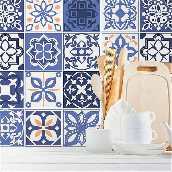 Papel de Parede Azulejo Azul e Amarelo