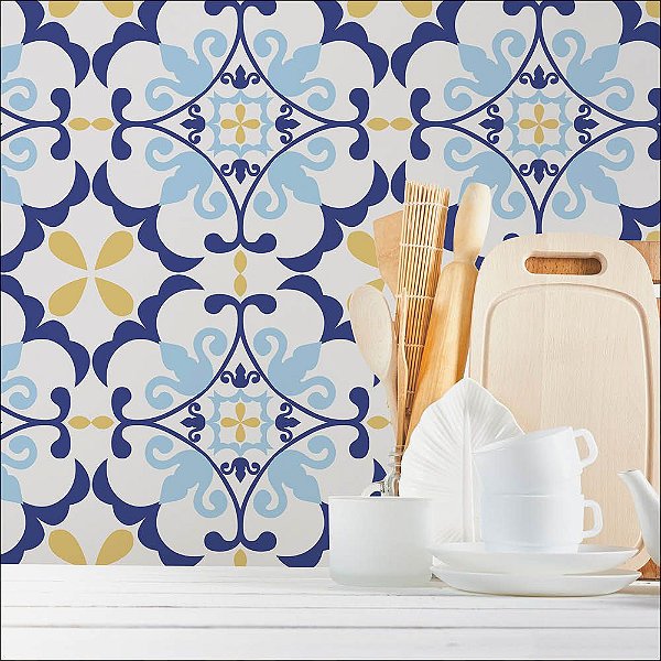 Papel de Parede Azulejo Azul e Amarelo