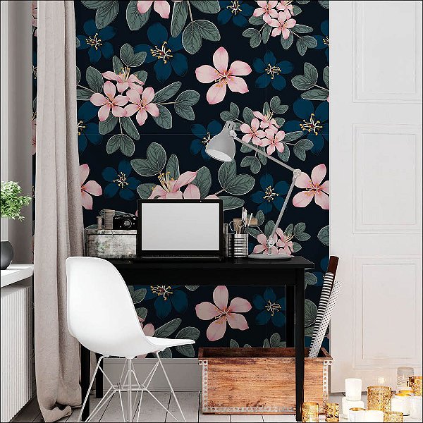 Papel de Parede Folhas com Flores Rosas