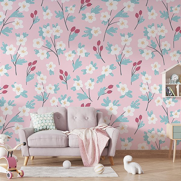 Papel de Parede Flores Brancas fundo Rosa