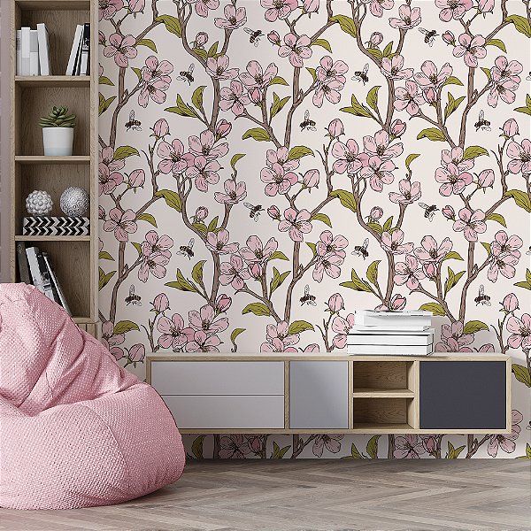 Papel de Parede Ramos de Flor Rosa