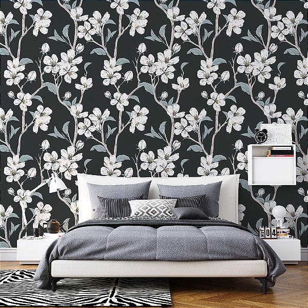 Papel de Parede Ramos de Flor Branco