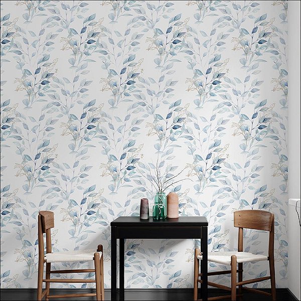 Papel de Parede Aquarela Floral Azul com Dourado