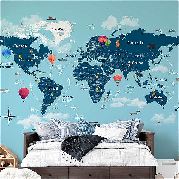 Papel de Parede Mapa Mundi Infantil com Balões | AloPapers.comb.r -  AloPapers Papel de parede e adesivo de parede