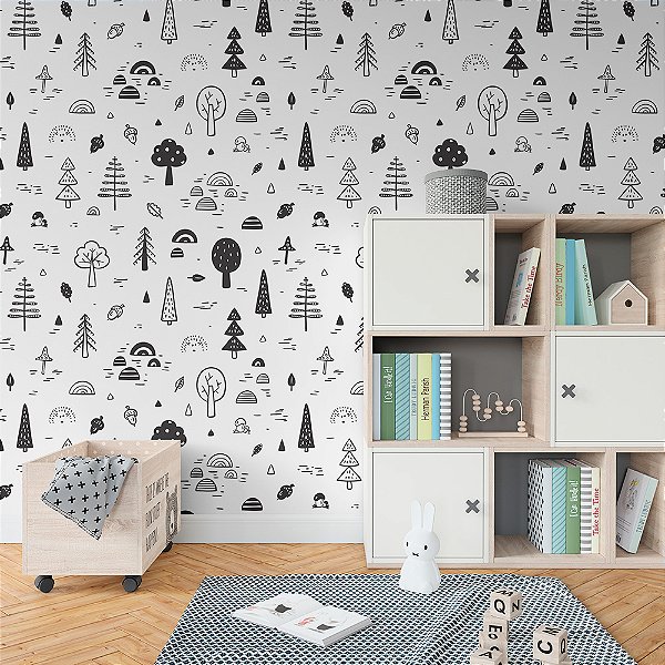 Papel de Parede Escandinavo Floresta Preto e Branco