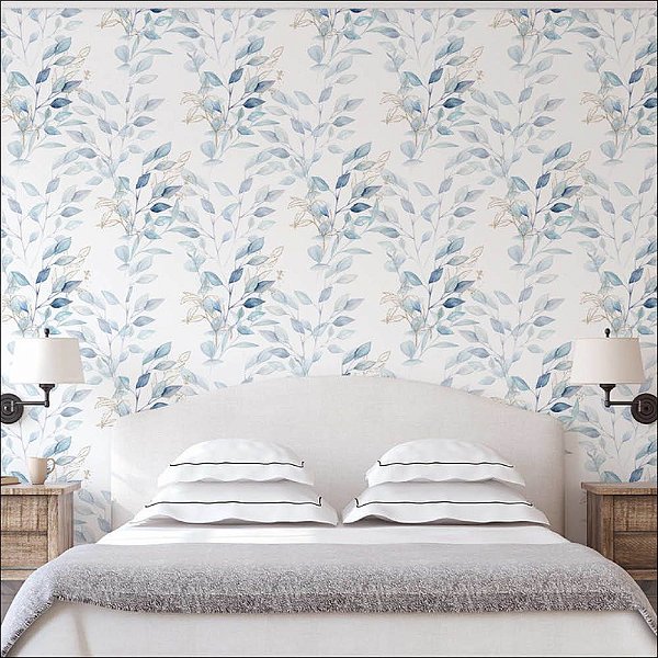 Papel de Parede Floral Aquarela Azul com Dourado