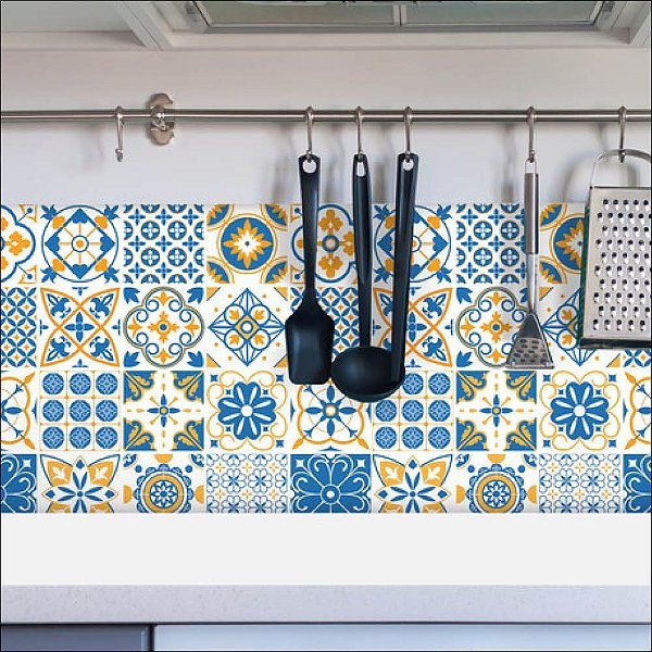 Papel de Parede Azulejo Azul e Amarelo