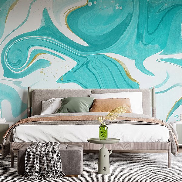 Papel de Parede Mármore Liquido Azul Claro com Dourado