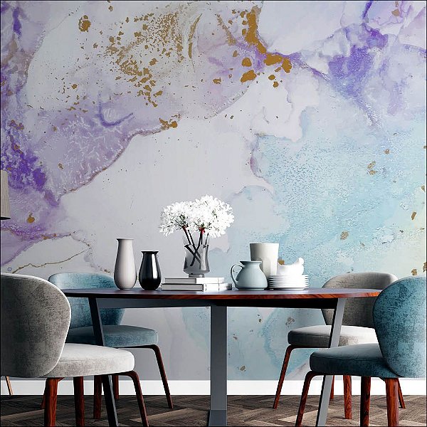 Papel de Parede Aquarela Roxo e Azul com Dourado