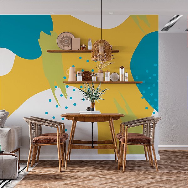 Papel de Parede de Formas Amarelas, Azuis e Brancas Abstratas