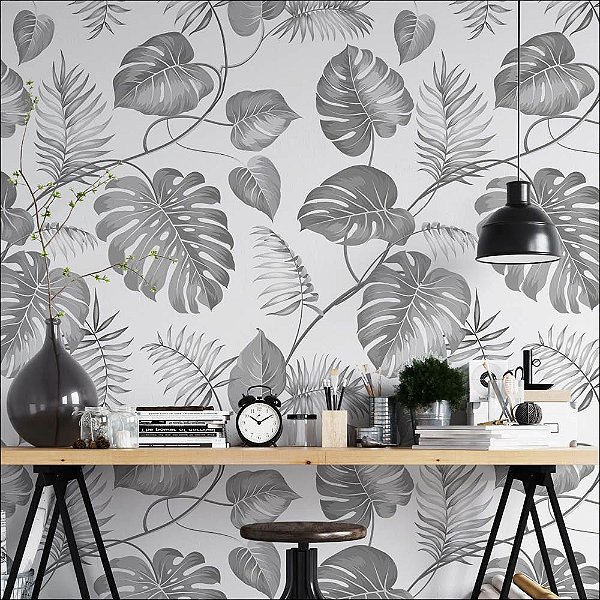 Papel de Parede Folhas Cinzas