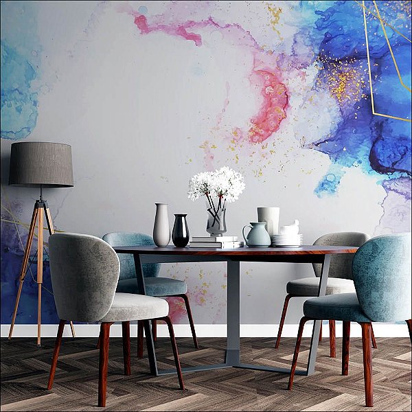 Papel de Parede Aquarela Azul com Dourado