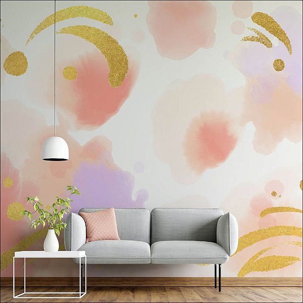 Papel de Parede Aquarela em tons Pasteis com Dourado