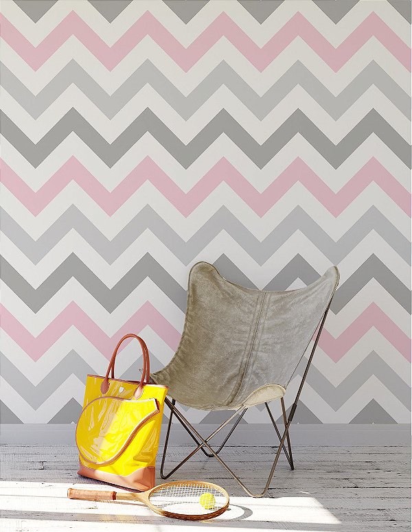 Papel de Parede Chevron Rosa e Cinza