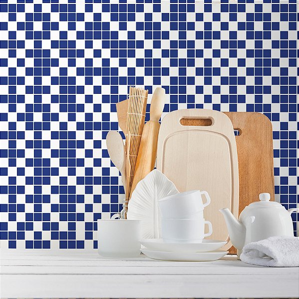 Papel de Parede Pastilhas Azul e Branco