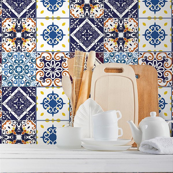 Papel de Parede Azulejos em Tons de Azul