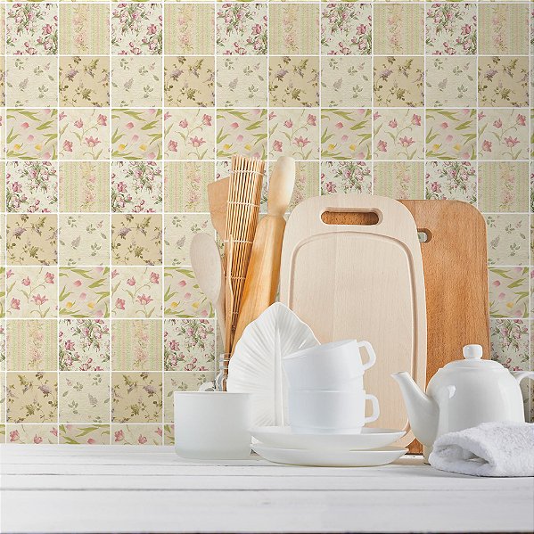 Papel de Parede Azulejos em Tons de Bege Floral