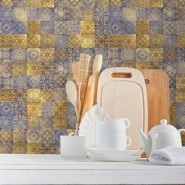 Papel de Parede Azulejo em Tons de Azul e Amarelo