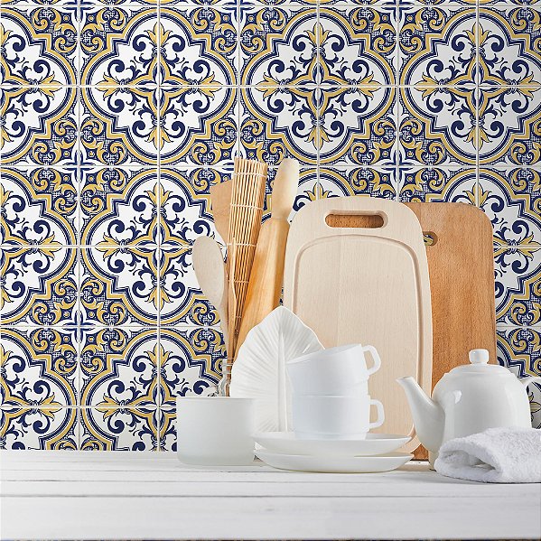 Papel de Parede Azulejo Amarelo e Azul