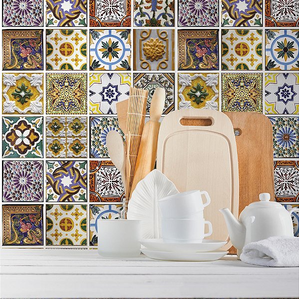 Papel de Parede Azulejo Colorido