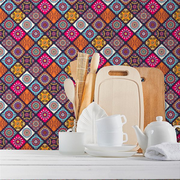 Papel de Parede Azulejo Colorido