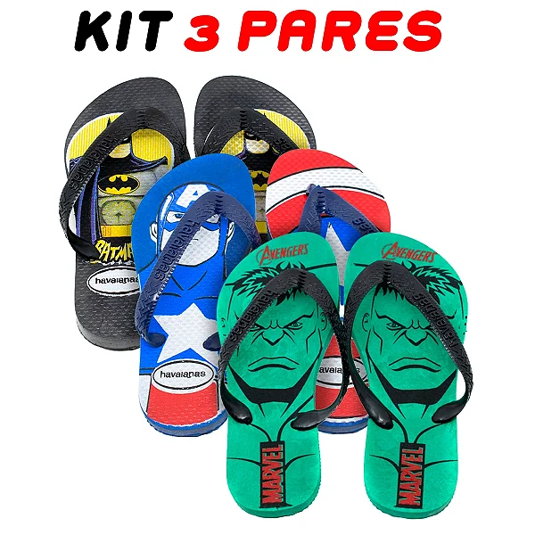 Kit 3 Chinelos Infantil Menino Havaianas Heróis
