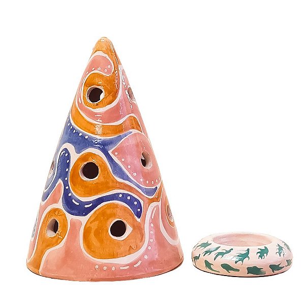 Luminária de cerâmica com porta vela rosa, azul e laranja