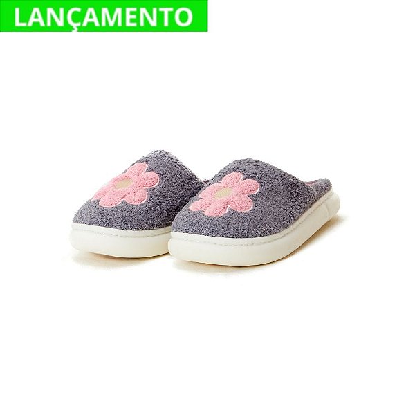 Pantufa Feminina Flor Cinza Rosa 2359