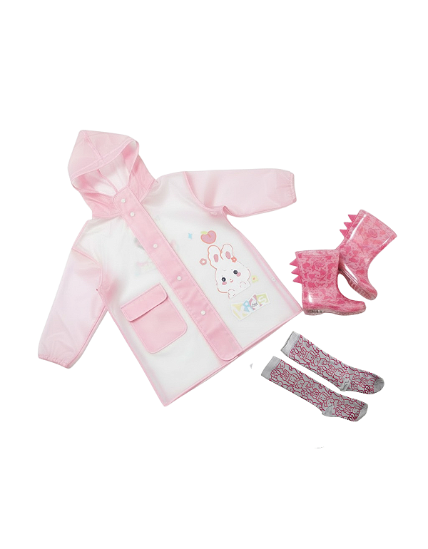Kit Galocha Infantil Rosa Dino com Led + Capa de Chuva Com Capuz + Meia Divertida