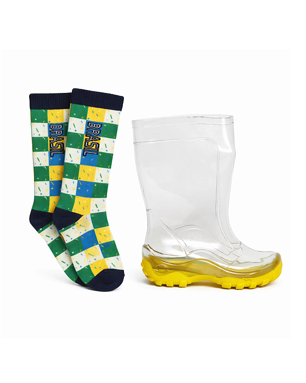 Kit Infantil Galocha Transparente/Amarelo + Meia 3/4 Brasil