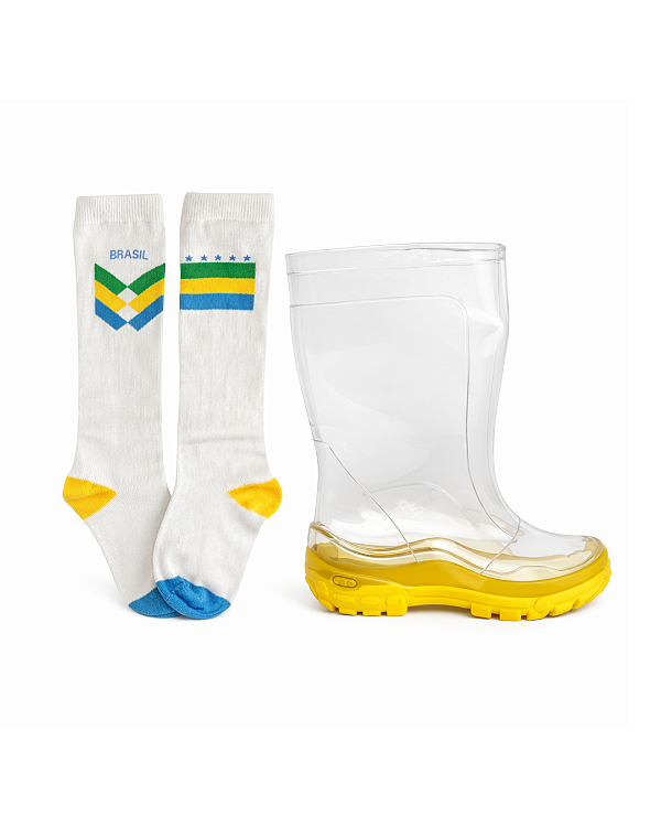 Kit Galocha Infantil Transparente/Amarelo + Meia 3/4 Brasil