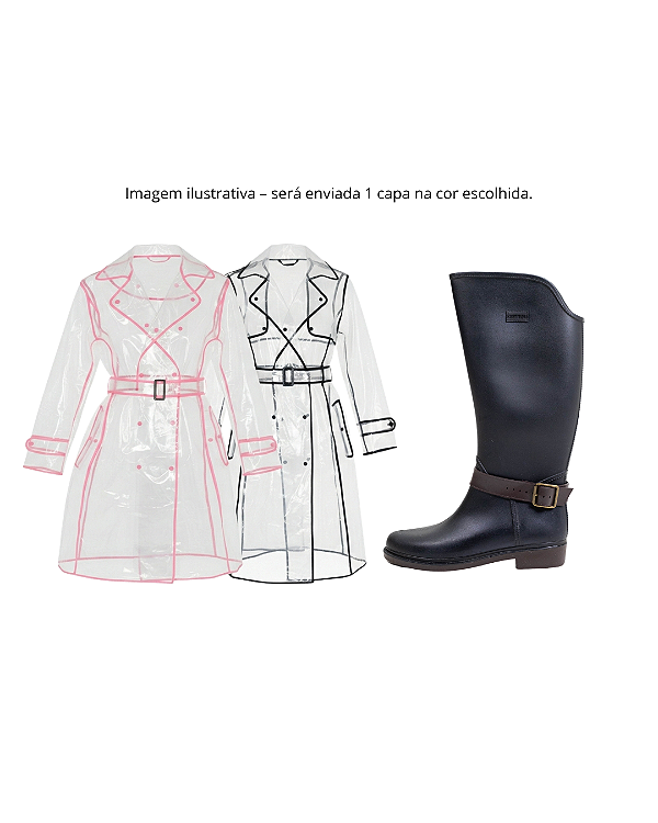 Kit Galocha Cano Longo Preta com Fivela Kt002 + 1 Capa de Chuva Longa Ck003