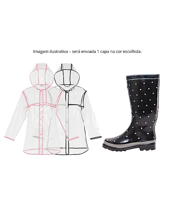 Kit Galocha Cano Longo Preta Poá Ktb018 + 1 Capa de Chuva Curta Ck001