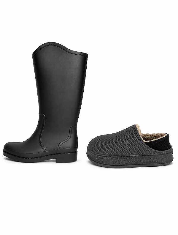 Kit Galocha Cano Longo Preta KT061 + Pantufa Fechada Cinza 2026