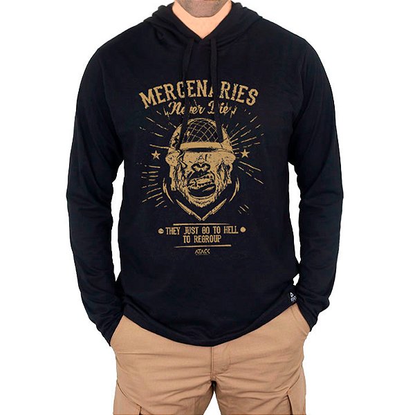 Camiseta Manga Longa com Capuz Estampada Mercenaries | Preta - Atack