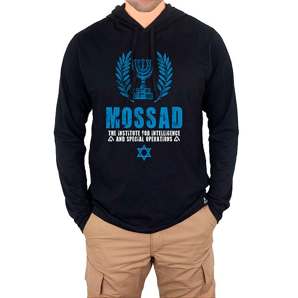 Camiseta Manga Longa com Capuz Estampada Mossad | Preta - Atack