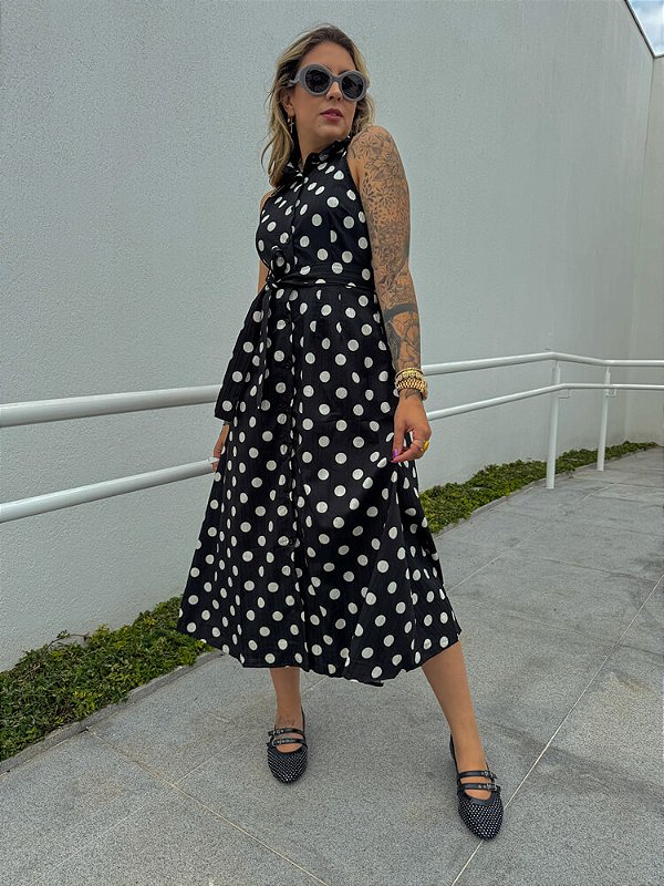 Vestido Ginger Poá Black & Off White
