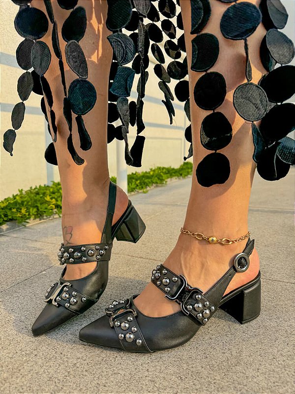 Scarpin Salto Bloco Neglee Black com Apliques Ônix