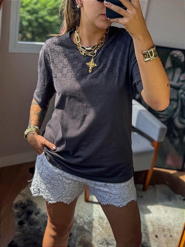 T-Shirt Cinza Gucci com Pedrarias