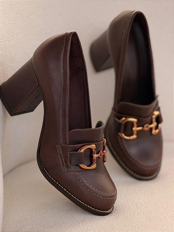 Loafer Jude Couro Café Salto Bloco