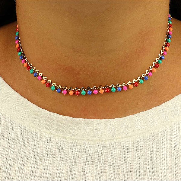 Gargantilha choker bolinhas Rainbow semijoia da moda