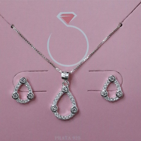Conjunto Gota Vazada com Zircônias 45cm Prata 925 Love Silver