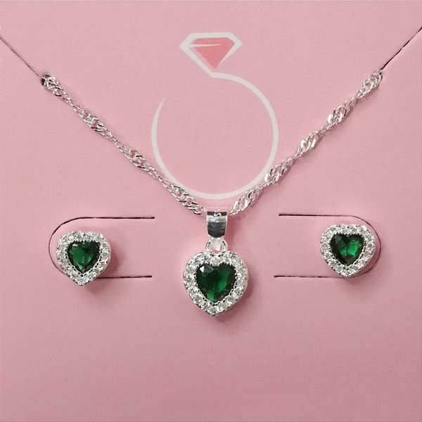 Conjunto Coração Zircônia Verde Prata 925 Love Silver