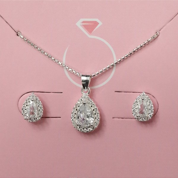 Conjunto Colar e Brincos Gota Zircônia Prata 925 Love Silver