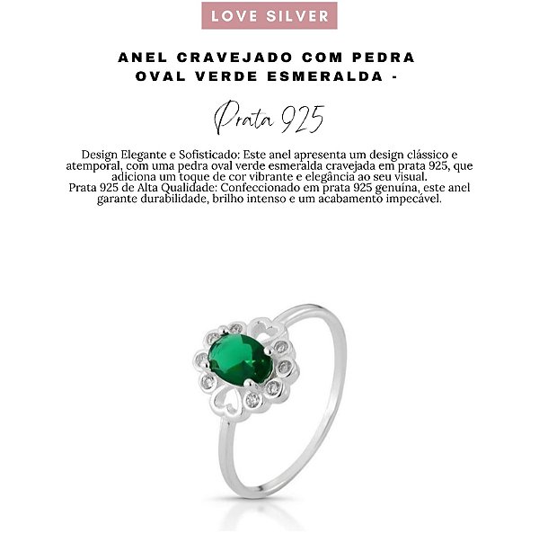 Anel Cravejado com Pedra Oval Verde Esmeralda - Prata 925 Love Silver