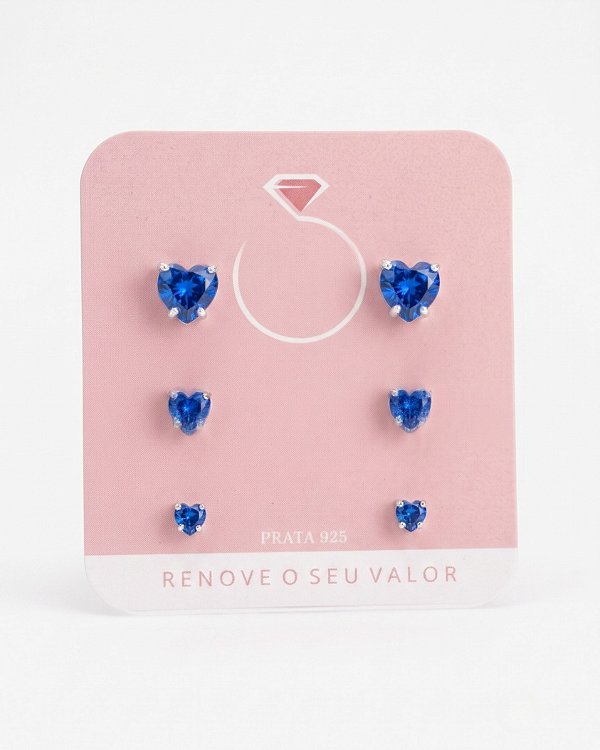 Trio de Brincos Coração com Zircônia Azul em Prata 925 – 3 Tamanhos