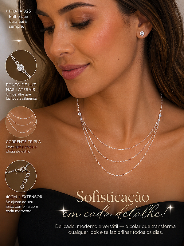 Colar Triplo Lumière com Pontos de Luz em Prata 925